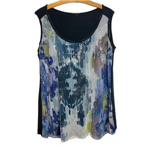 Elie Tahari Women's 1X Sleeveless Tank Top Blouse, Navy Blue Sequins